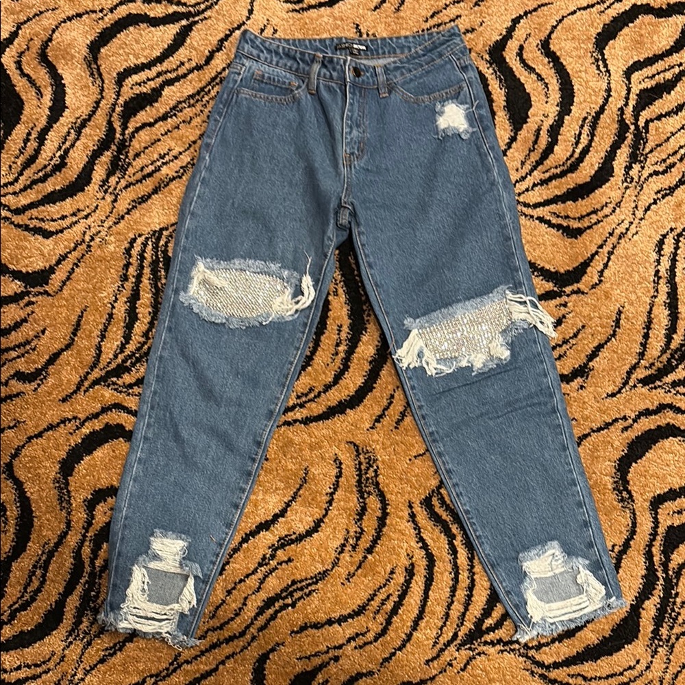 Fashion Nova Distressed Rhinestone Blue Jeans - Size 1
